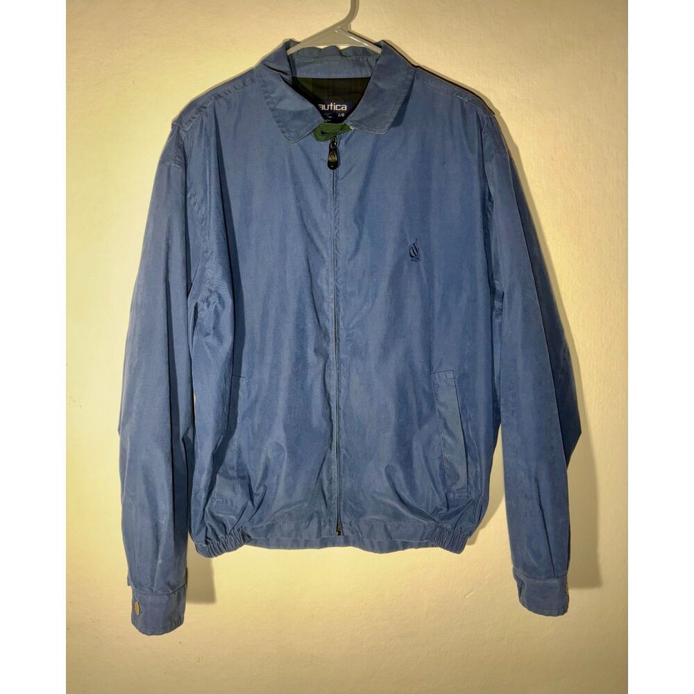 Nautica Men’s Large Blue Harrington Jacket Plaid Lined Full Zip Cotton Bomber